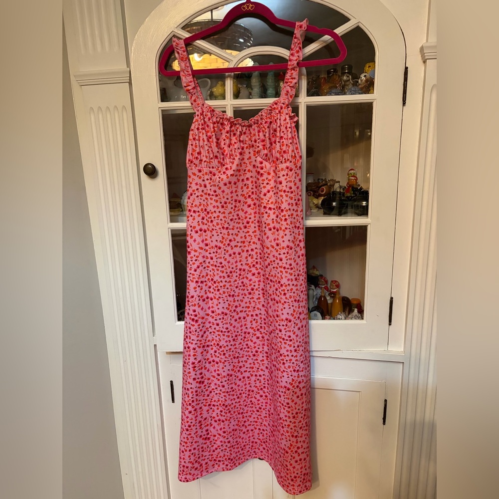 NWT Commense Vibrant Pink Floral Milkmaid Dress Large